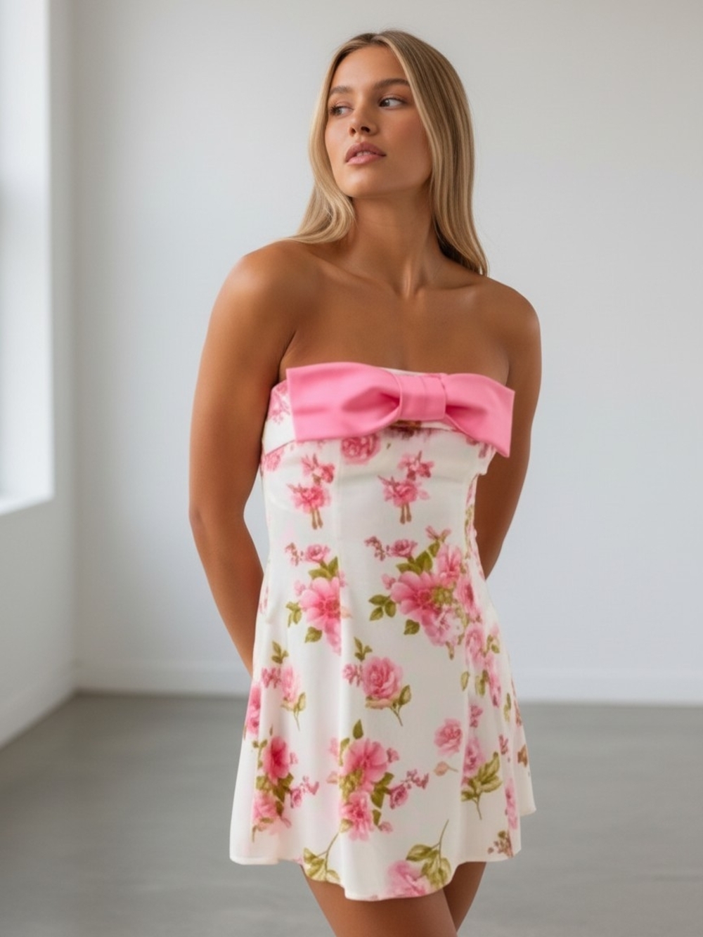Altar'd State Pink Bow Strapless Floral Mini Dress - Picture 2 of 4